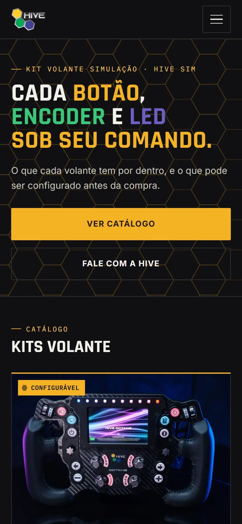 Página inicial da loja Hive Sim na tela de um celular, com a chamada principal e o início do catálogo