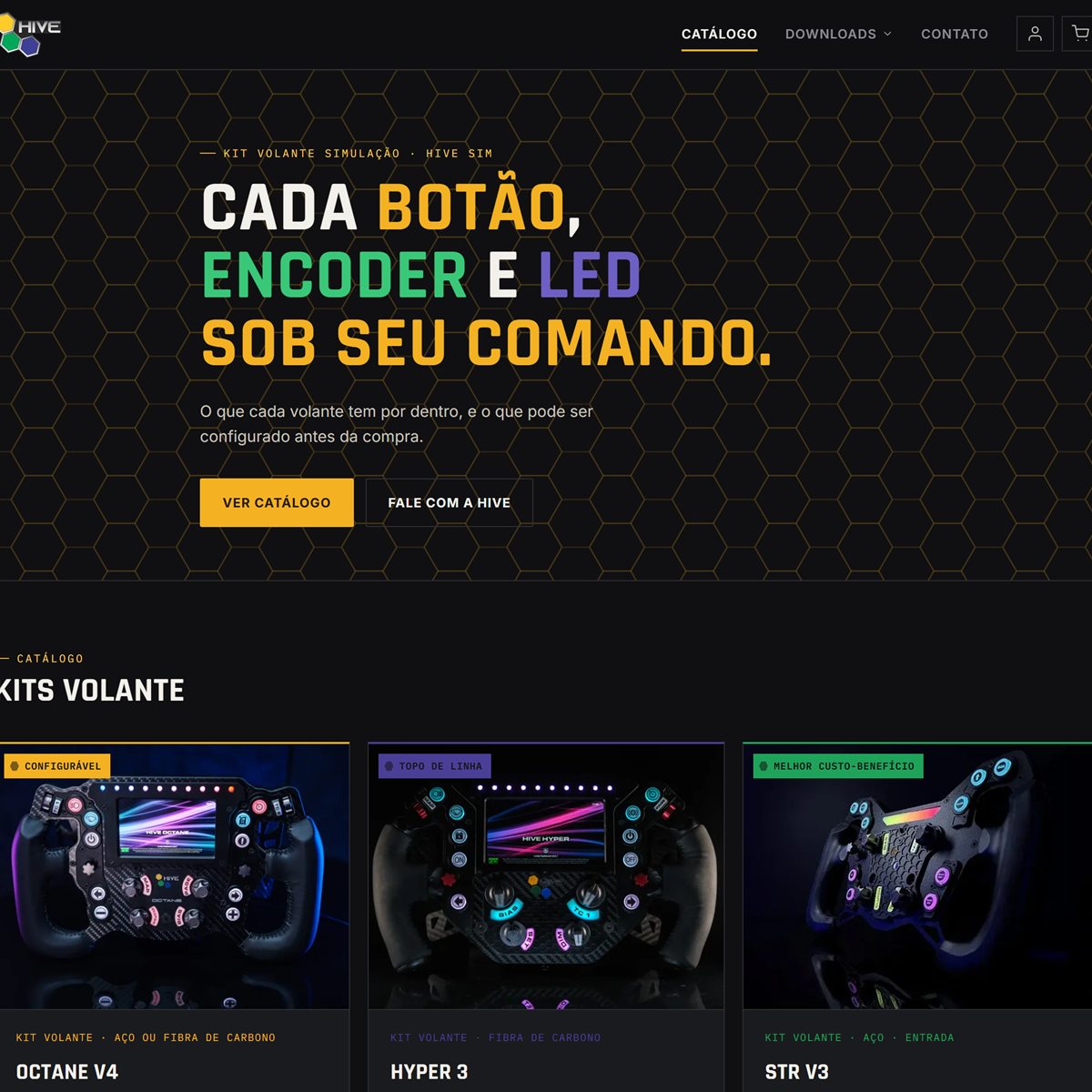 Abertura da loja Hive Sim, com a chamada principal e os três kits de volante do catálogo