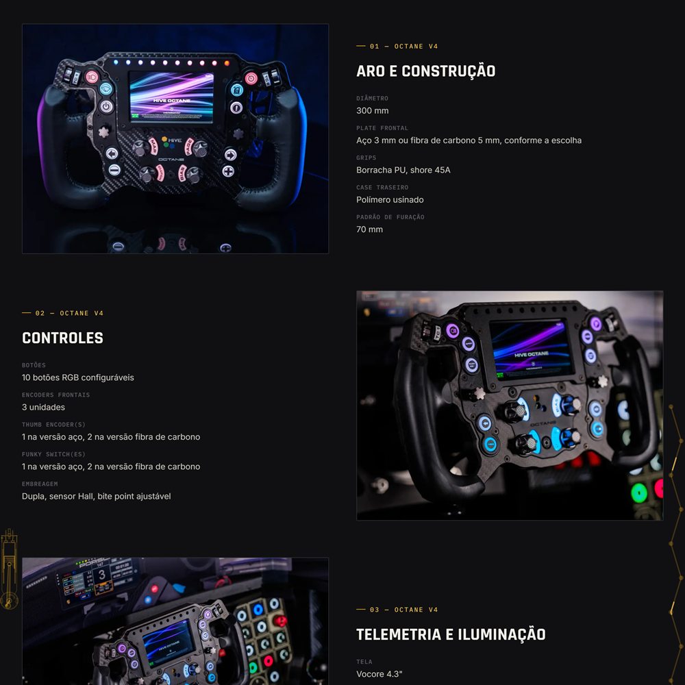 Página de um kit de volante na loja Hive Sim, com fotos e descrição de construção, controles e telemetria